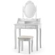 White makeup vanity dressing table set with a cushioned stool, highlighting the elegant design and large storage.
