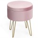 Top view of a round pink velvet storage ottoman with golden legs, showcasing its elegant design and spacious interior.