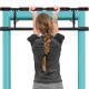Foldable pull-up bar with foam grip, shown in use for chin-ups, designed for home gym and door frame compatibility.