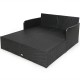 Spacious outdoor rattan daybed in black with upholstered cushions, featuring armrests and a curved backrest for comfort.
