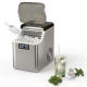 Electric portable countertop ice maker in silver with ice scoop, producing 40 LBS of square ice daily for home use.