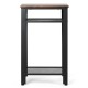 Industrial end table with a rustic top and metal mesh shelves, showcasing a sturdy frame and adjustable feet for level.