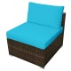 Armless sofa with turquoise cushion and hand-woven rattan, perfect for outdoor patio or garden seating.