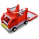 Top view of fire truck-themed inflatable bounce house with slide and splash pool, designed for kids' active play and.
