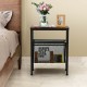 Narrow end table showcasing a rustic wood top and mesh sling for magazines, perfect for enhancing small spaces.