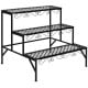 Three-tier metal decorative plant stand with elegant patterns, weather-resistant for indoor and outdoor use.