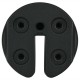 Black canopy weight plate with no-pinch design, suitable for securing tents and umbrellas, holds up to 30lbs.
