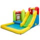 Inflatable bounce house water slide with climbing wall and splash pool, ideal for outdoor fun and summer play.