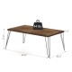Wooden rectangular coffee table with metal legs, 43.5" x 23.5", sturdy design for living room use.