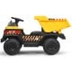 Side view of the yellow 12V kids ride-on dump truck with electric bucket and sturdy wheels for adventurous outdoor.