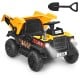 Kids ride-on dump truck in yellow with electric bucket, detachable shovel, and parental remote control for outdoor fun.