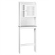 White over-the-toilet cabinet showcasing a sleek design with a black faux marble panel and ample storage for bathroom.