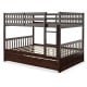 Full over full bunk bed in brown wood with sturdy slats, guardrails, and trundle for space-saving in kids' rooms.