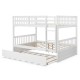 Side view of full over full bunk bed in white wood, showcasing the sturdy ladder and safety guardrails for kids' rooms.