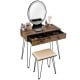 Rustic brown industrial makeup dressing table with touch screen mirror, two drawers, and cushioned stool for.