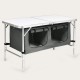 Height adjustable folding camping table in gray with large storage area, compact design, and reinforced structure for.
