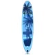 Inflatable stand-up paddle board in blue with palm tree design, ideal for surfing, fishing, and yoga on water.