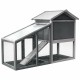 Wooden rabbit hutch with ramp and removable tray, featuring a firwood structure and ventilated fence for small animals.