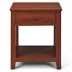 Single nightstand with drawer and open shelf, made of particleboard, ideal for bedroom or living room storage.