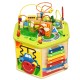Colorful 7-in-1 wooden activity cube toy featuring a bead maze, xylophone, and shape sorter for early education and fun.