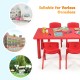 Kids plastic rectangular learn and play table in red, ideal for daycares and outdoor use, safe and easy to clean.