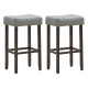 Set of 2 gray nailhead saddle bar stools with solid rubberwood legs, 29-inch height for versatile seating.