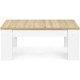 Lift top coffee table in white with oak finish, featuring a hidden storage compartment and adjustable height for.