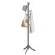 Adjustable gray wooden coat rack with 8 hooks and tri-legged base, perfect for organizing clothes and bags in any room.