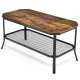 2-tier industrial coffee table with rustic brown octagonal tabletop and metal mesh shelf for living room storage.