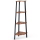 4-tier corner shelf with brown chipboard and black metal frame, ideal for compact spaces in living rooms or studies.