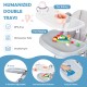 Double-layer food trays of the gray baby high chair, adjustable for eating and playing, easy to clean and detachable.