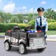 Battery-powered black police vehicle with realistic controls, lights, and megaphone for fun role-playing adventures.
