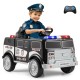 Battery-powered electric police vehicle in black with remote control, lights, and megaphone for kids' fun role-playing.