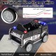 Battery-powered electric vehicle in black with anti-skid wheels, remote control, and multifunctional features for kids.