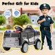 Battery-powered electric police vehicle in black with realistic features, remote control, and fun sound effects for.