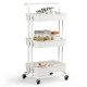 3-tier white utility cart with casters, featuring ABS baskets and metal frame, ideal for kitchen and small spaces.