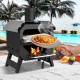 Outdoor pizza oven with pizza stone, black, showing pizza being placed inside, perfect for patio and camping use.