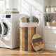 Multicolor 13.2-gallon laundry hamper with a bamboo frame, removable liner, and lid for easy laundry organization.