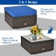 Ottoman with blue cushion and rattan texture, versatile for seating or as a coffee table for outdoor gatherings.