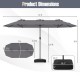 Double-sided 13 ft gray patio umbrella with crank handle, vented top, and fillable weighted stand for outdoor use.