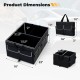 Black 13-gallon car trunk organizer with removable divider, showing dimensions and pockets for organized storage.