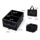 Black 13-gallon car trunk organizer with removable divider, featuring three compartments and six pockets for efficient.