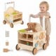 Wooden baby walker with wheels and storage, featuring engaging activities for toddlers aged 1+, perfect for learning play.