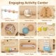 Engaging wooden baby walker features colorful beads, a swivel mirror, and rotating gears for toddlers aged 1+ to explore.