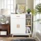 Free-standing white floor storage cabinet with rubberwood legs, featuring a drawer, double-door cabinet, and three open.
