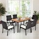 Acacia wood patio dining table with umbrella hole, seating 6-8, featuring a slatted surface and wicker edging for.