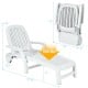 Adjustable white patio sun lounger with weather-resistant wheels, folding design, supports 330 lbs, ideal for outdoor.