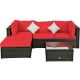 L-shaped outdoor patio rattan furniture set with red cushions, including 1 armless sofa, 2 corner sofas, and coffee.