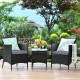 Two gray wicker rattan chairs with cushions and a coffee table, perfect for outdoor patio relaxation.