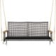 Wicker hanging swing chair for two, featuring gray PE rattan, acacia wood armrests, and a comfortable black cushion.